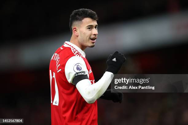 Gabriel Martinelli of Arsenal celebrates after scoring their side's second goal during the Premier League match between Arsenal FC and West Ham...