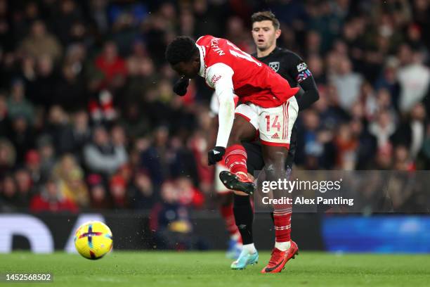 Eddie Nketiah of Arsenal scores their side's third goal during the Premier League match between Arsenal FC and West Ham United at Emirates Stadium on...