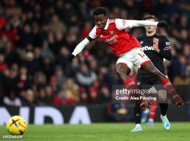 Eddie Nketiah of Arsenal scores their side's third goal during the Premier League match between Arsenal FC and West Ham United at Emirates Stadium on...