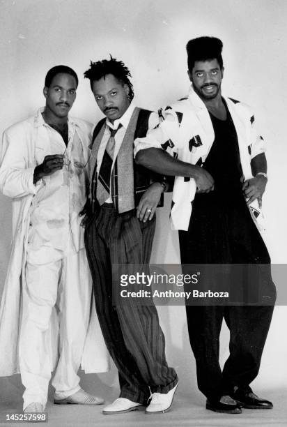 Portrait of the members of American rhythm & blues and funk band Cameo as they pose against a white background, New York, New York, mid to late...