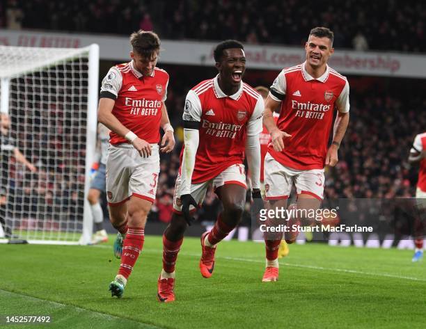 Eddie Nketiah celebrates scoring the 2nd Arsenal goal with Kieran Tierney and Granit Xhaka during the Premier League match between Arsenal FC and...