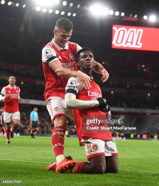 Eddie Nketiah celebrates scoring the 2nd Arsenal goal with Granit Xhaka during the Premier League match between Arsenal FC and West Ham United at...