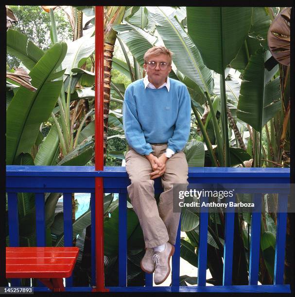 Portrait of English artist David Hockney, dressed in a light blue sweatshirt and khaki trousers as he sits on a dark blue railing, Los Angeles,...