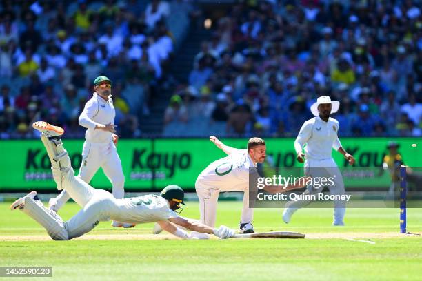 Marnus Labuschagne of Australia is run out during day two of the Second Test match in the series between Australia and South Africa at Melbourne...