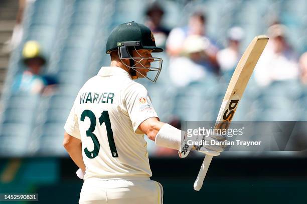 David Warner of Australia celebrates his half century during day two of the Second Test match in the series between Australia and South Africa at...