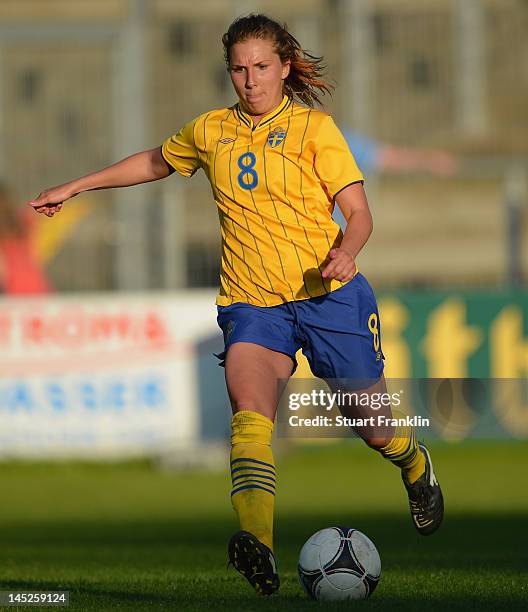 Of Germany is challenged by of Sweden during the U23's womens international friendly mtach between Germany and Sweden on May 24, 2012 in Hamburg,...