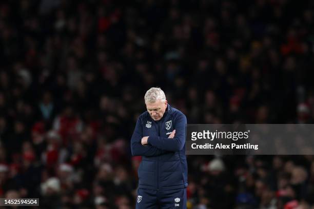 West Ham Manager David Moyes reacts during the Premier League match between Arsenal FC and West Ham United at Emirates Stadium on December 26, 2022...