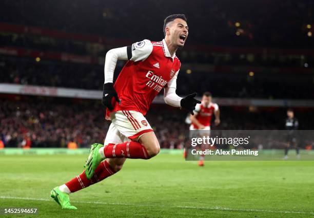 Gabriel Martinelli of Arsenal celebrates after scoring his sides second goal during the Premier League match between Arsenal FC and West Ham United...