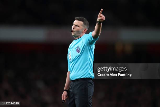 Match referee Michael Oliver during the Premier League match between Arsenal FC and West Ham United at Emirates Stadium on December 26, 2022 in...