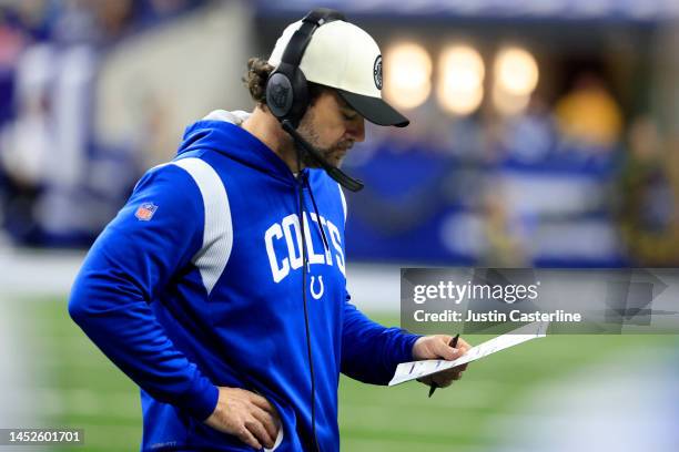 Head coach Jeff Saturday of the Indianapolis Colts looks on during the game against the Los Angeles Chargers at Lucas Oil Stadium on December 26,...