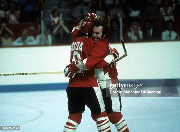 Ron Ellis and Paul Henderson of Canada celebrate a goal during Game 1 of the 1972 Summit Series against the Soviet Union on September 2, 1972 at the...