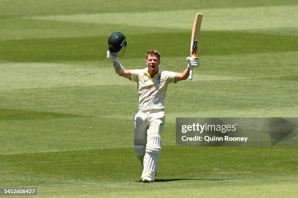 David Warner of Australia celebrates his century during day two of the Second Test match in the series between Australia and South Africa at...