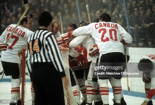 Paul Henderson of Canada celebrates with teammates after scoring the game-winning goal against the Soviet Unioin during Game 7 of the 1972 Summit...