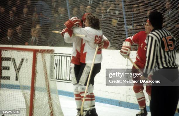 Paul Henderson of Canada celebrates with Bobby Clarke after scoring the game-winning goal against the Soviet Unioin during Game 7 of the 1972 Summit...