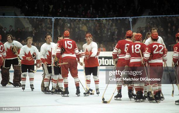 Paul Henderson of Canada shakes hands with Alexander Yakushev of the Soviet Union during the 1972 Summit Series in September, 1972 at the Luzhniki...