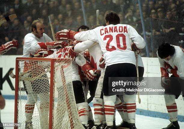 Paul Henderson of Canada celebrates with teammates after scoring the game-winning goal against the Soviet Unioin during Game 7 of the 1972 Summit...