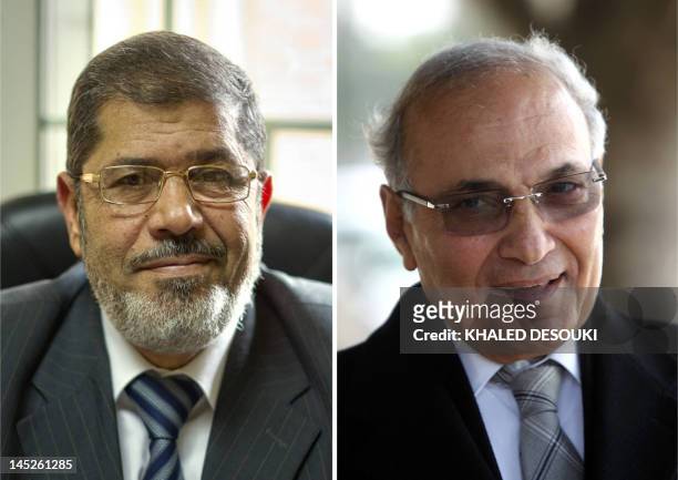 Combo of two file pictures shows Muslim Brotherhood presidential candidate, Mohammed Mursi , at his office in Cairo on November 28 and former prime...
