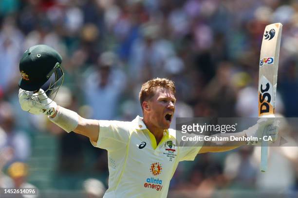 David Warner of Australia celebrates his century during day two of the Second Test match in the series between Australia and South Africa at...