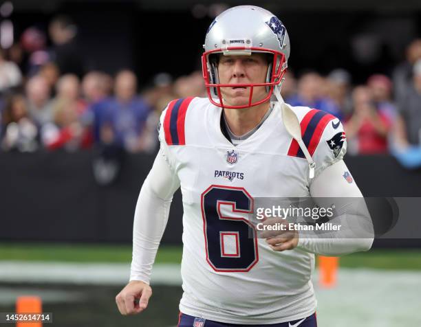 Place kicker Nick Folk of the New England Patriots takes the field for a game against the Las Vegas Raiders at Allegiant Stadium on December 18, 2022...