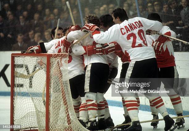 Paul Henderson of Canada celebrates with teammates after scoring the game-winning goal against the Soviet Unioin during Game 7 of the 1972 Summit...