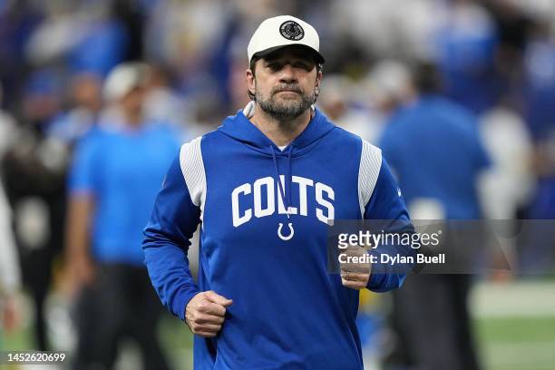 Head coach Jeff Saturday of the Indianapolis Colts walks off the field after losing to the Los Angeles Chargers at Lucas Oil Stadium on December 26,...