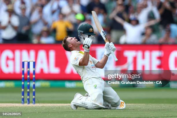 David Warner of Australia celebrates his double century during day two of the Second Test match in the series between Australia and South Africa at...