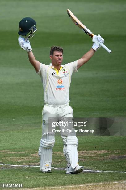 David Warner of Australia celebrates a double century during day two of the Second Test match in the series between Australia and South Africa at...