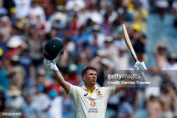 David Warner of Australia celebrates a double century during day two of the Second Test match in the series between Australia and South Africa at...