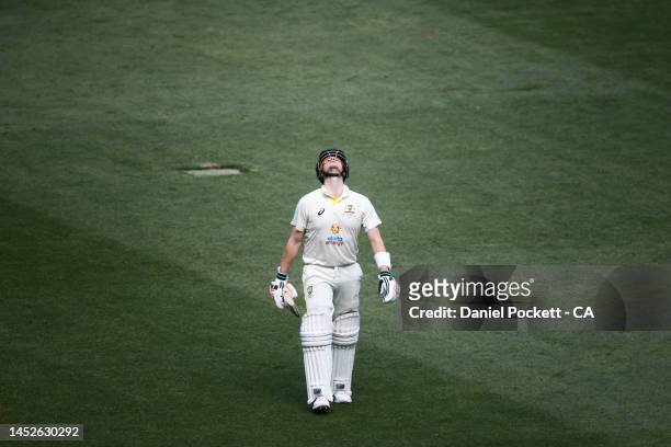 Steve Smith of Australia leaves the field after being dismissed by Anrich Nortje of South Africa during day two of the Second Test match in the...