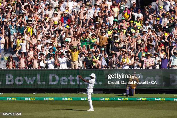 Kagiso Rabada of South Africa entertains the crowd in Bay 13 during day two of the Second Test match in the series between Australia and South Africa...