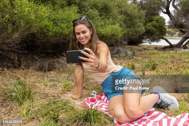 Valentini Grammatikopoulou of Greece poses for a Quokka selfie during a United Cup media opportunity at Rottnest Island on December 27, 2022 in...