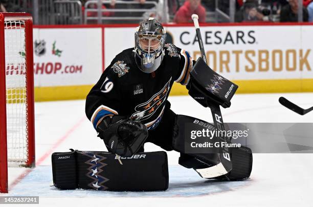 Charlie Lindgren of the Washington Capitals defends the goal against the Winnipeg Jets at Capital One Arena on December 23, 2022 in Washington, DC.