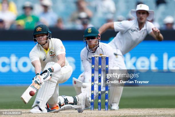 Steve Smith of Australia bats during day two of the Second Test match in the series between Australia and South Africa at Melbourne Cricket Ground on...