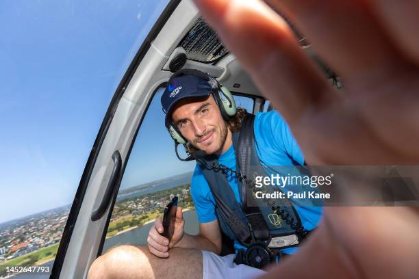 Stefanos Tsitsipas of Greece poses while on a helicopter flight during a United Cup media opportunity at Rottnest Island on December 27, 2022 in...