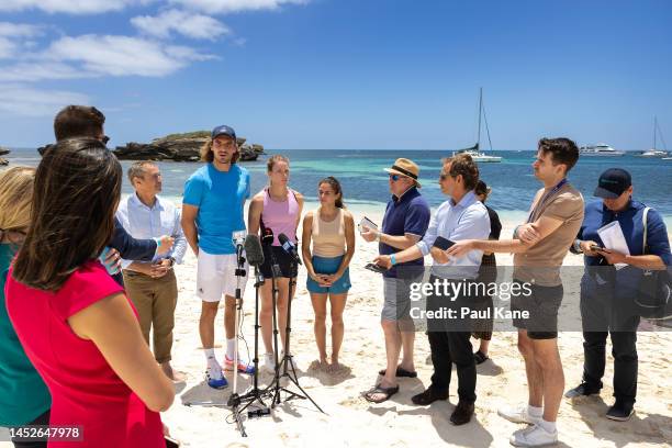 Stefanos Tsitsipas, Despina Papamichail and Valentini Grammatikopoulou of Team Greece addresses the media during a United Cup media opportunity at...