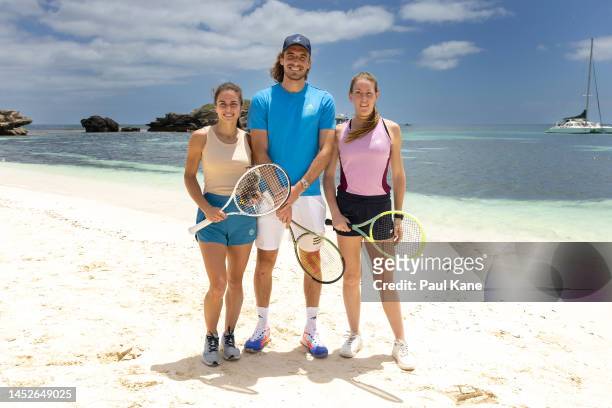Valentini Grammatikopoulou, Stefanos Tsitsipas and Despina Papamichail of Team Greece pose during a United Cup media opportunity at Rottnest Island...