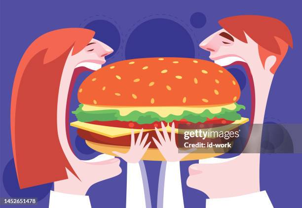illustrations, cliparts, dessins animés et icônes de couple mangeant un gros hamburger - eating bread