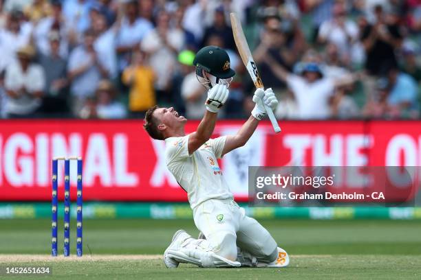 David Warner of Australia celebrates his double century during day two of the Second Test match in the series between Australia and South Africa at...