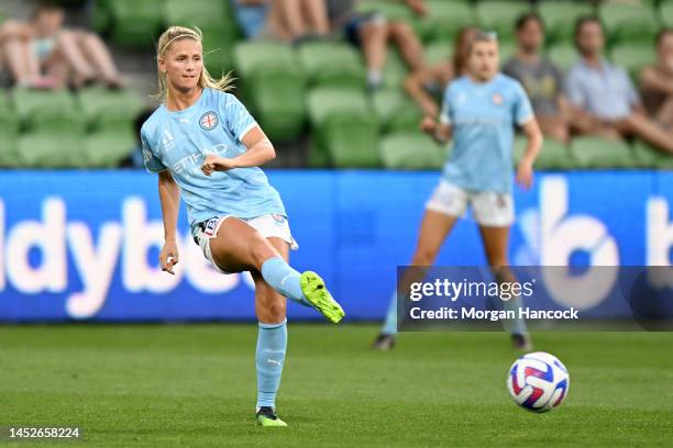 Katie Bowen of Melbourne City passes the ball during the round seven A-League Women's match between Melbourne City and Perth Glory at AAMI Park, on...