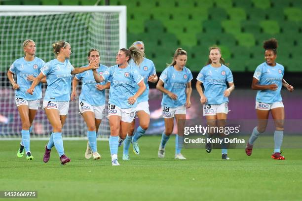 Rhianna Pollicina of Melbourne City and Julia Grosso of Melbourne City celebrate with team mates during the round seven A-League Women's match...