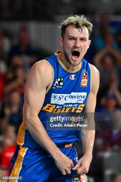 Tanner Krebs of the Bullets celebrates after levelling the scores during the round 12 NBL match between the Brisbane Bullets and the Perth Wildcats...