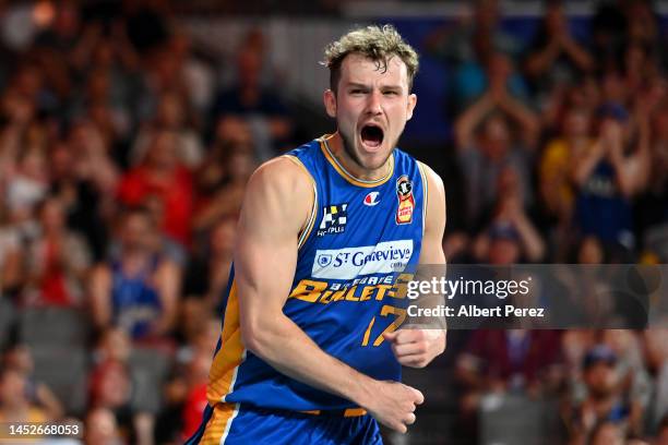 Tanner Krebs of the Bullets celebrates after levelling the scores during the round 12 NBL match between the Brisbane Bullets and the Perth Wildcats...