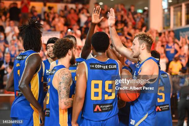 Brisbane Bullets celebrate victory during the round 12 NBL match between the Brisbane Bullets and the Perth Wildcats at Nissan Arena, on December 27...