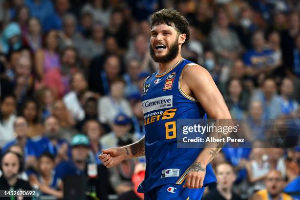 Tyler Johnson of the Bullets reacts during the round 12 NBL match between the Brisbane Bullets and the Perth Wildcats at Nissan Arena, on December 27...