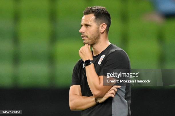 Perth Glory head coach, Alex Epakis watches on during the round seven A-League Women's match between Melbourne City and Perth Glory at AAMI Park, on...