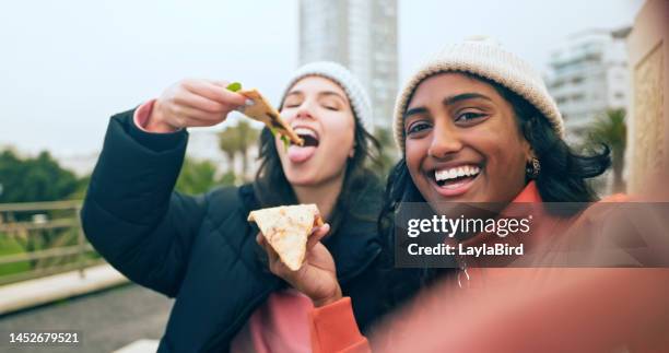 women, pizza selfie and friends in city, having fun and eating outdoors. face, food and girls taking photo for happy memory, social media profile picture or internet post while enjoying time together - restaurant women friends lunch stock pictures, royalty-free photos & images