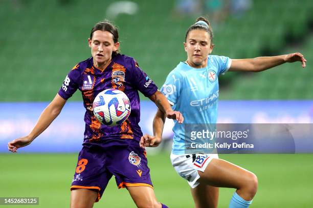 Sadie Lawrence of the Glory and Daniela Galic of Melbourne City competes for the ball during the round seven A-League Women's match between Melbourne...