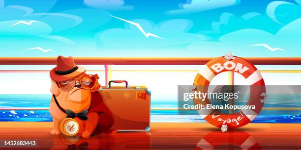 illustrazioni stock, clip art, cartoni animati e icone di tendenza di concetto di vacanza e viaggio marittimo in stile cartone animato. bulldog turistico sul ponte di una nave con un salvagente sullo sfondo di un paesaggio marino. - cruise liner