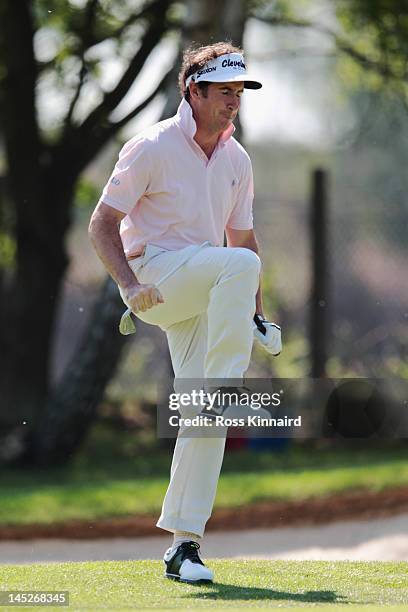 Gonzalo Fernandez-Castano of Spain snaps his club on the 9th hole during the second round of the BMW PGA Championship on the West Course at Wentworth...