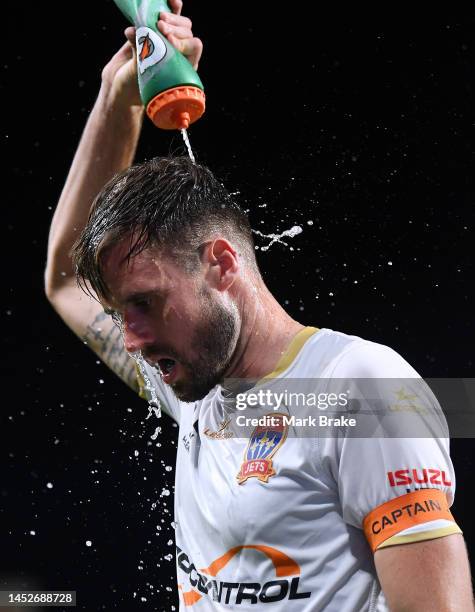 Carl Jenkinson of Newcastle Jets cools down as leaves the ground after being subbed during the round nine A-League Men's match between Adelaide...